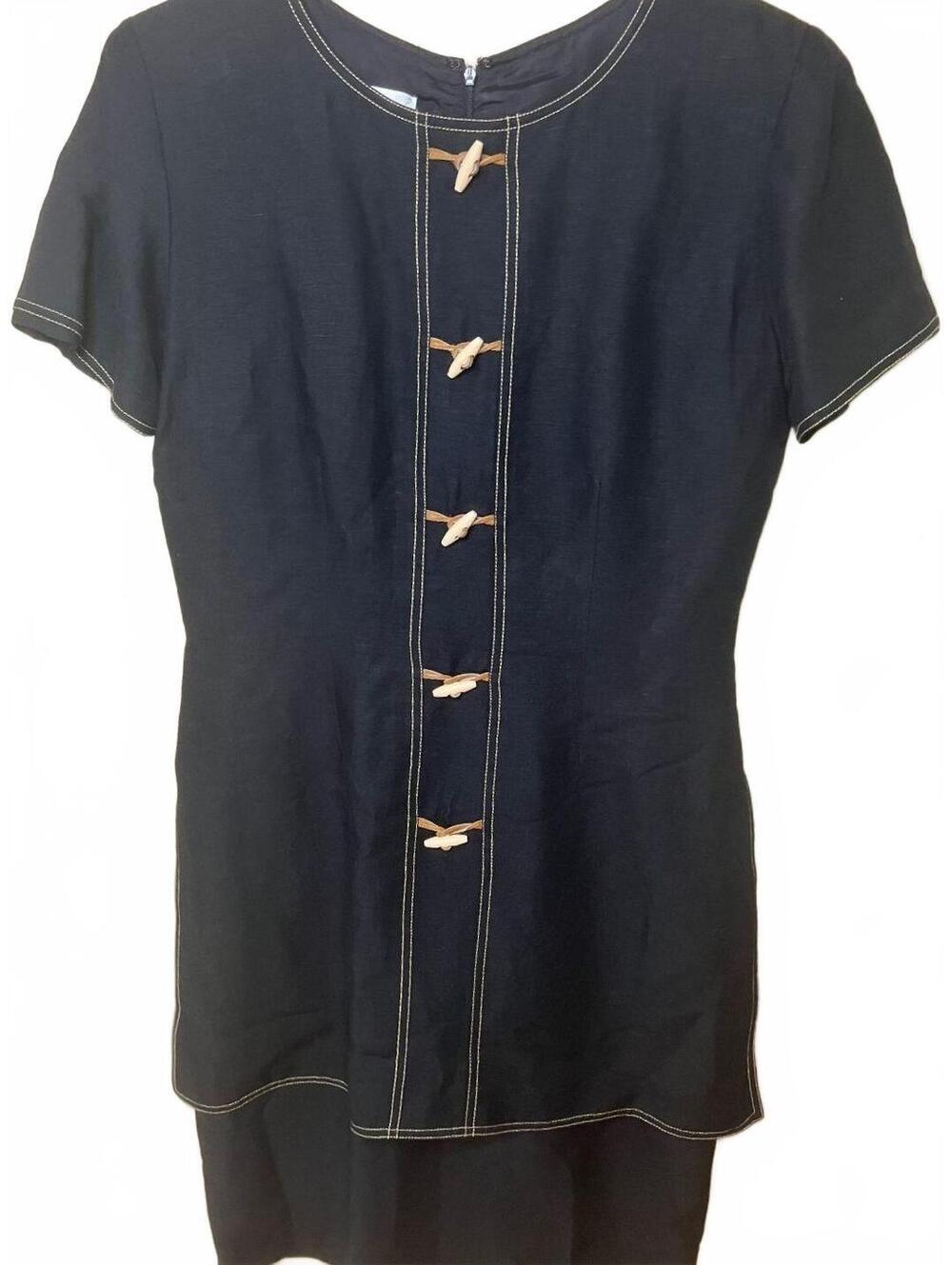 VTG Richard Warren Saks Fifth Avenue Navy Linen Layered Dress Leather Toggle 10